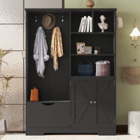 Multi-functional Hall Tree with Storage Shelves Drawers and Cabinet, Elegant Hallway Shoe Cabinet with Bench, Modern Coat Rack with Hooks for Hallway