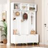 ON-TREND Modern Large Storage Hall Tree with Bench, Multi-functional Storage Bench with High Gloss Fluted Doors, Luxurious Coat Rack with 6 Gold Hooks