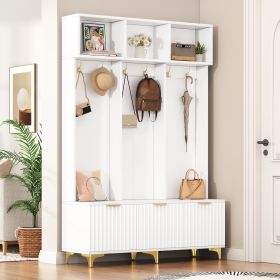 ON-TREND Modern Large Storage Hall Tree with Bench, Multi-functional Storage Bench with High Gloss Fluted Doors, Luxurious Coat Rack with 6 Gold Hooks