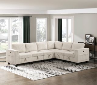 6-Piece Modular Sectional with Storage Seats, Side Pockets, Charging Ports Beige Corduroy Fabric Modern Living Room Sectional Couch Solid Wood Furnitu