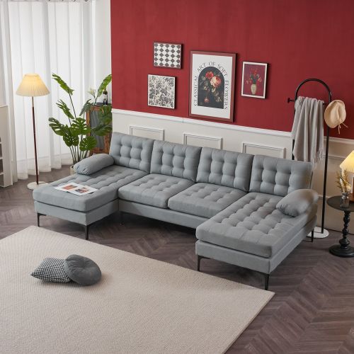 U-shaped Soft-Covered Armrest Backrest Seat Pull Point Wooden Frame Iron Frame Black Feet Indoor Sectional Sofa Light Gray U-shaped Soft-Covered Armrest Backrest Seat Pull Point Wooden Frame Iron Frame Black Feet Indoor Sectional Sofa Light Gray