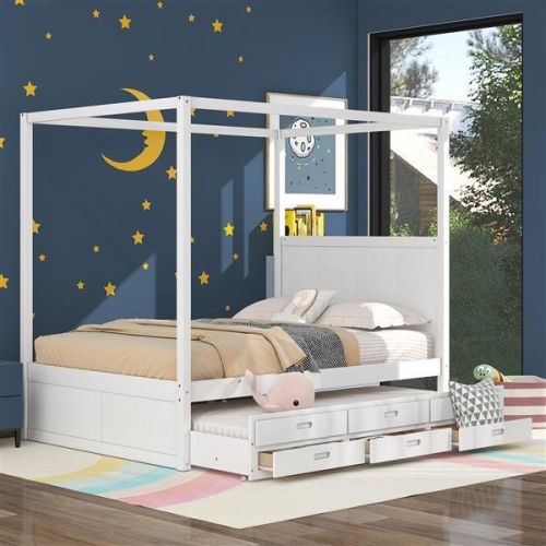 Queen Size Canopy Platform Bed with Twin Size Trundle and Three Storage Drawers,White Queen Size Canopy Platform Bed with Twin Size Trundle and Three Storage Drawers,White