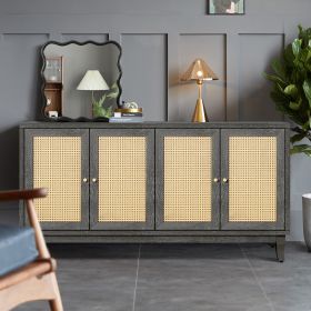 Handcrafted Premium Grain Panels,Rattan Sideboard Buffer Cabinet With 4 Rattan Doors, Modern Storage Cupboard Console Table with Adjustable Shelves fo