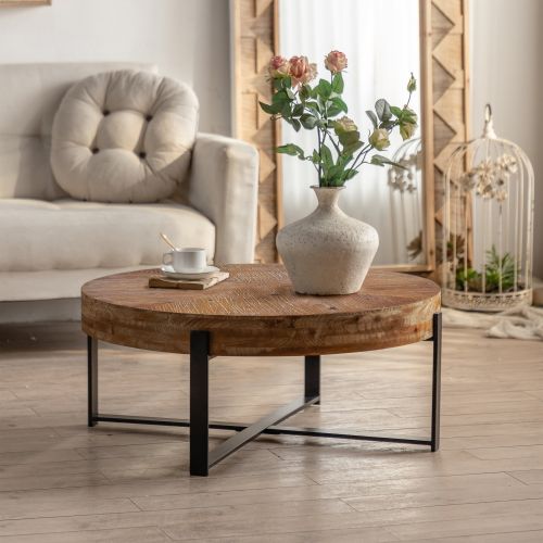 31.29"Modern Retro Splicing Round Coffee Table, Fir Wood Table Top with Black Cross Legs Base(Same SKU:W75770652) 31.29"Modern Retro Splicing Round Coffee Table, Fir Wood Table Top with Black Cross Legs Base(Same SKU:W75770652)