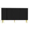 TREXM Modern Sideboard MDF Buffet Cabinet Marble Sticker Tabletop and Amber-yellow Tempered Glass Doors with Gold Metal Legs & Handles (Black)