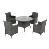 5 Piece Outdoor Dining Set All-Weather Wicker Patio Dining Table and Chairs with Cushions, Round Tempered Glass Tabletop with Umbrella Cutout for Pati