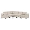 6-Piece Modular Sectional with Storage Seats, Side Pockets, Charging Ports Beige Corduroy Fabric Modern Living Room Sectional Couch Solid Wood Furnitu