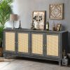 Handcrafted Premium Grain Panels,Rattan Sideboard Buffer Cabinet With 4 Rattan Doors, Modern Storage Cupboard Console Table with Adjustable Shelves fo