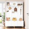 ON-TREND Modern Large Storage Hall Tree with Bench, Multi-functional Storage Bench with High Gloss Fluted Doors, Luxurious Coat Rack with 6 Gold Hooks