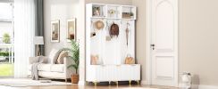 ON-TREND Modern Large Storage Hall Tree with Bench, Multi-functional Storage Bench with High Gloss Fluted Doors, Luxurious Coat Rack with 6 Gold Hooks
