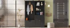 Multi-functional Hall Tree with Storage Shelves Drawers and Cabinet, Elegant Hallway Shoe Cabinet with Bench, Modern Coat Rack with Hooks for Hallway