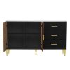 TREXM Modern Sideboard MDF Buffet Cabinet Marble Sticker Tabletop and Amber-yellow Tempered Glass Doors with Gold Metal Legs & Handles (Black)