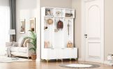 ON-TREND Modern Large Storage Hall Tree with Bench, Multi-functional Storage Bench with High Gloss Fluted Doors, Luxurious Coat Rack with 6 Gold Hooks