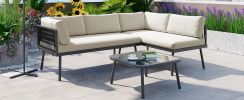 TOPMAX Modern Outdoor 3-Piece PE Rattan Sofa Set All Weather Patio Metal Sectional Furniture Set with Cushions and Glass Table for Backyard, Poolside,