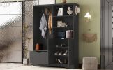 Multi-functional Hall Tree with Storage Shelves Drawers and Cabinet, Elegant Hallway Shoe Cabinet with Bench, Modern Coat Rack with Hooks for Hallway