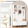 ON-TREND Modern Large Storage Hall Tree with Bench, Multi-functional Storage Bench with High Gloss Fluted Doors, Luxurious Coat Rack with 6 Gold Hooks