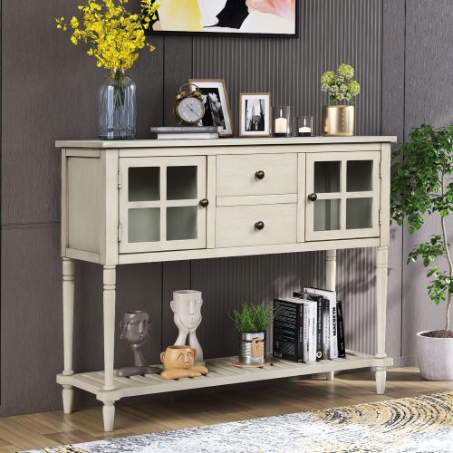 Sideboard Console Table with Bottom Shelf, Farmhouse Wood/Glass Buffet Storage Cabinet Living Room Sideboard Console Table with Bottom Shelf, Farmhouse Wood/Glass Buffet Storage Cabinet Living Room