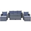 6-piece All-Weather Wicker PE rattan Patio Outdoor Dining Conversation Sectional Set with coffee table, wicker sofas, ottomans, removable cushions (Bl