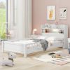 Wood Twin Size Platform Bed with Built-in LED Light, Storage Headboard and Guardrail