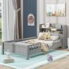 Wood Twin Size Platform Bed with Built-in LED Light, Storage Headboard and Guardrail